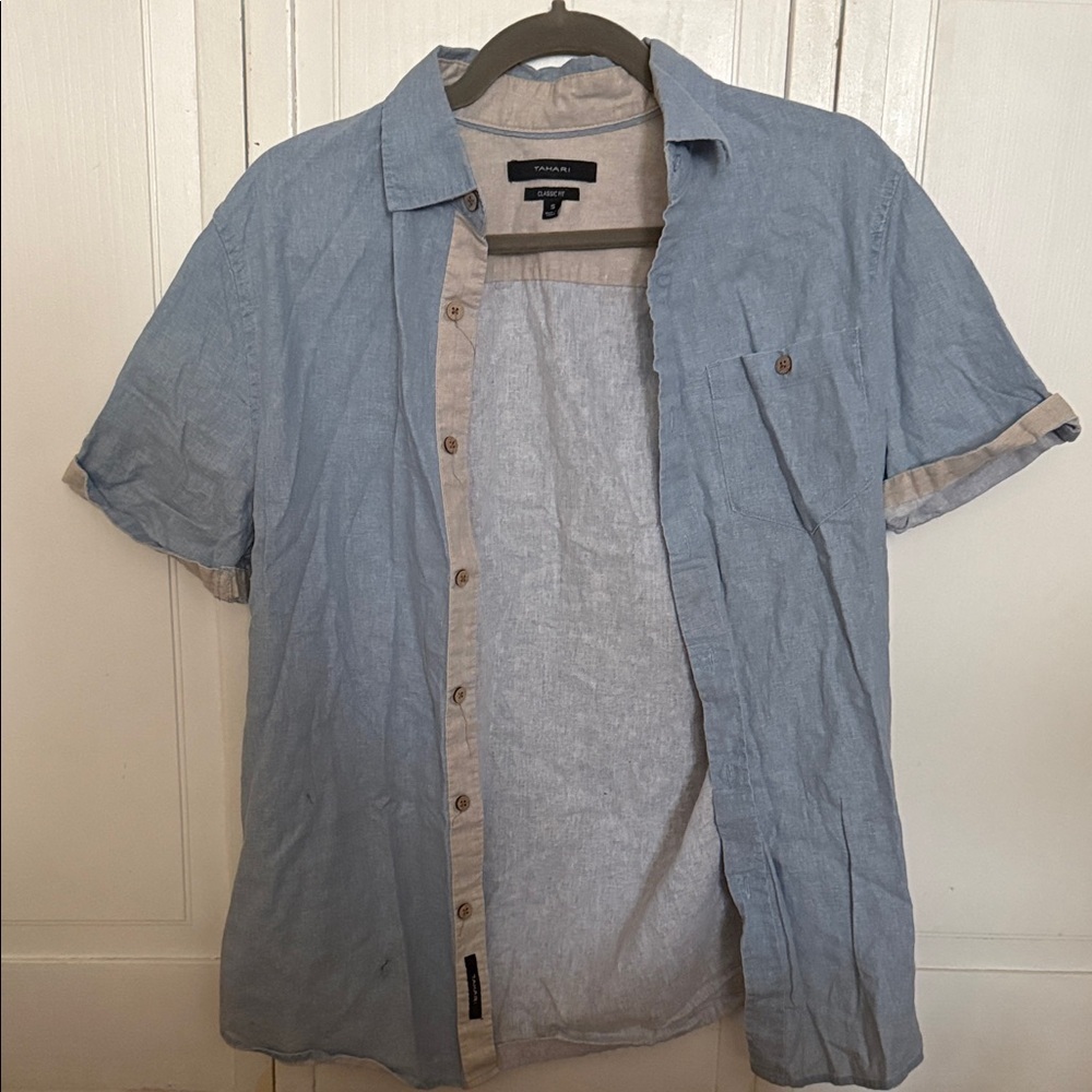 Men’s Tahari Pale Blue Short-Sleeve Linen Button-Down Shirt Size Small
